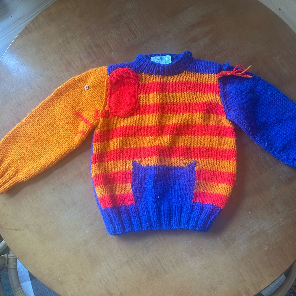 Vintage 1980’s Kids Blue and Orange Knit Elephant Sweater with Button Details